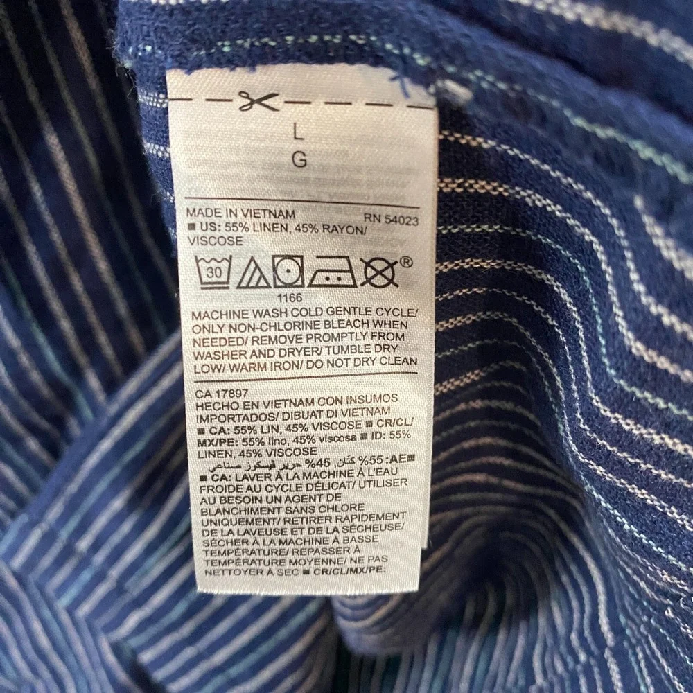 Old Navy Dress Womens L Linen Blend Blue Striped Button Up Sleeveless Boho Ranch